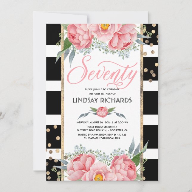 Floral Stripes Modern Gold Decor 70 Birthday Party Invitation (Front)