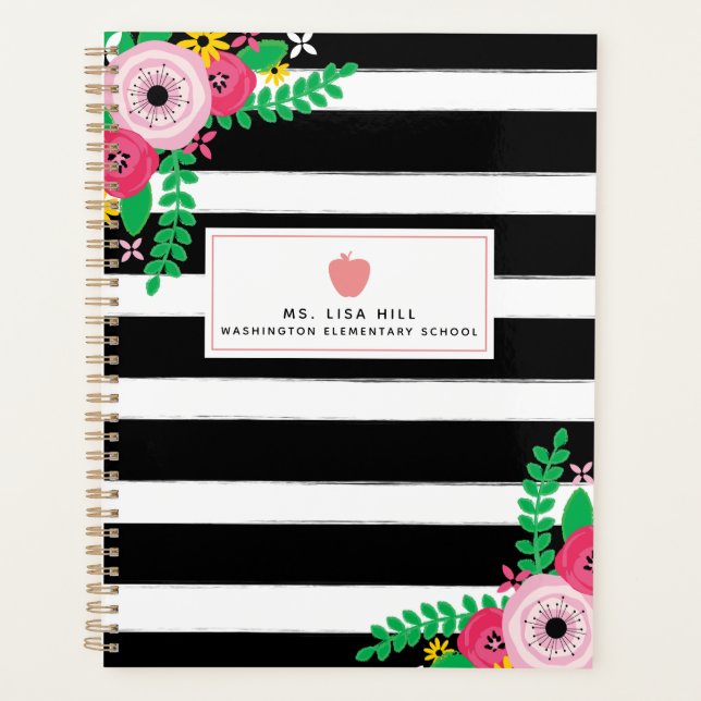 Floral Stripes Pink Apple Teacher Planner (Front)