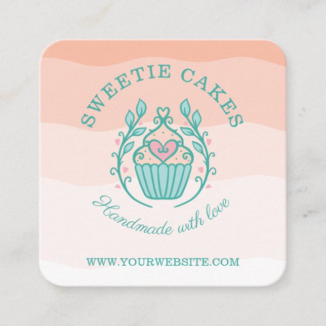 Floral Style Bakery Cupcake Logo Blush Pink Ombre Square Business Card (Front)