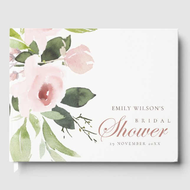 FLORAL SUBTLE SOFT BLUSH PINK ROSE BRIDAL SHOWER GUEST BOOK (Front)