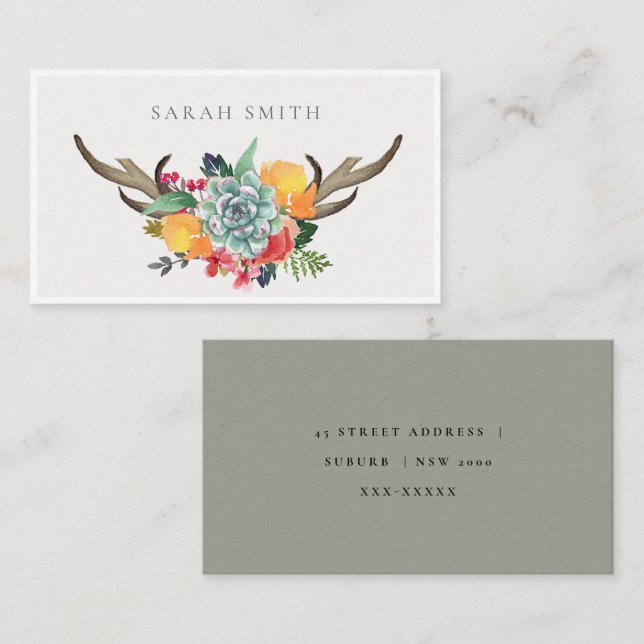 FLORAL SUCCULENT ANTLER BOHEMIAN ALLURE  ADDRESS BUSINESS CARD (Front/Back)