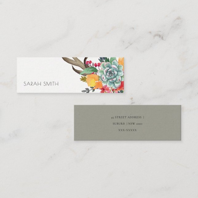 FLORAL SUCCULENT ANTLER BOHEMIAN ALLURE ADDRESS MINI BUSINESS CARD (Front/Back)