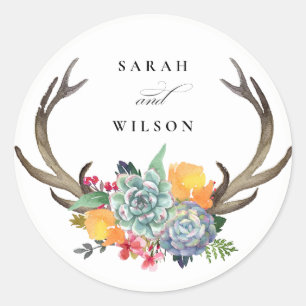 FLORAL SUCCULENT ANTLER BOHEMIAN ALLURE MONOGRAM CLASSIC ROUND STICKER