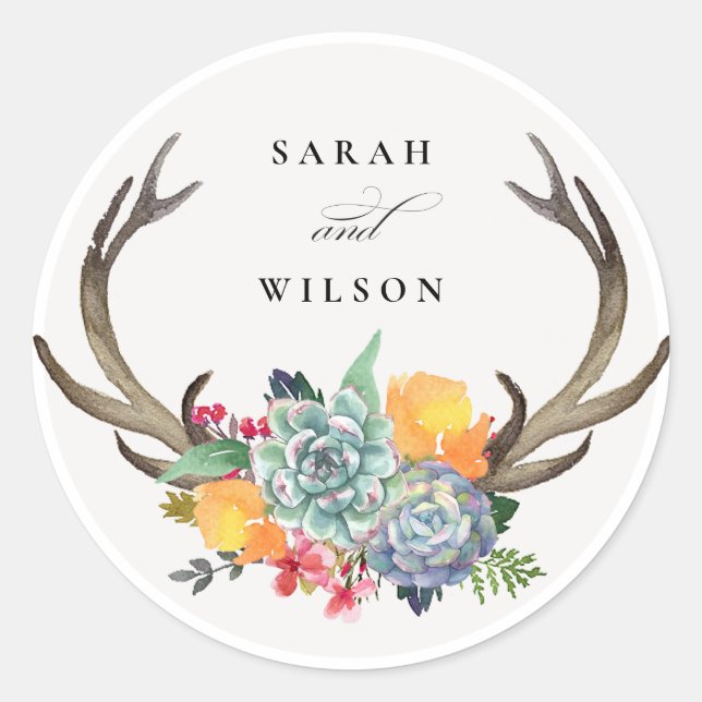 FLORAL SUCCULENT ANTLER BOHEMIAN ALLURE MONOGRAM CLASSIC ROUND STICKER (Front)