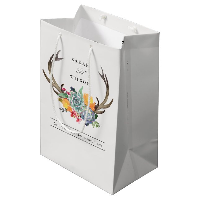 FLORAL SUCCULENT ANTLER BOHEMIAN ALLURE  WEDDING MEDIUM GIFT BAG (Front Angled)