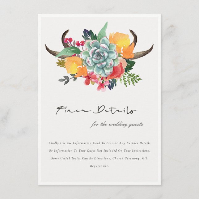 FLORAL SUCCULENT ANTLER BOHEMIAN WEDDING DETAIL ENCLOSURE CARD (Front)