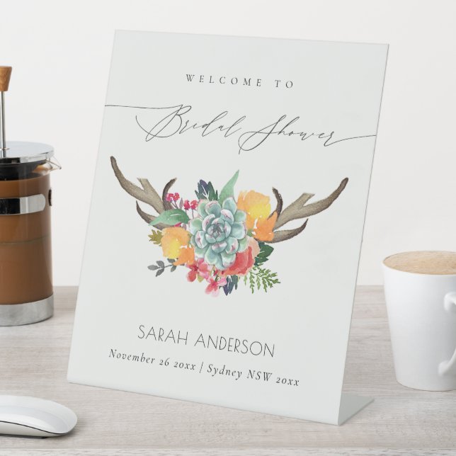 Floral Succulent Antler Boho Welcome Bridal Shower Pedestal Sign (In SItu)