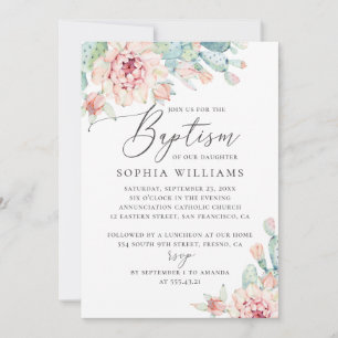 Floral Succulent Watercolor   Elegant Baptism Invitation