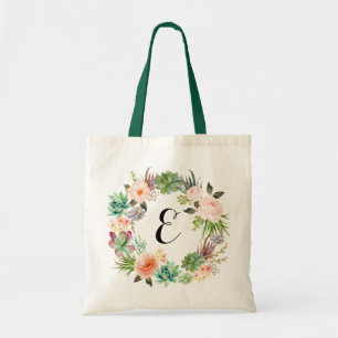 Floral Succulents Blush Peach Wreath Personalised Tote Bag