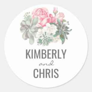 Floral Succulents Bouquet and Pink Roses Wedding Classic Round Sticker
