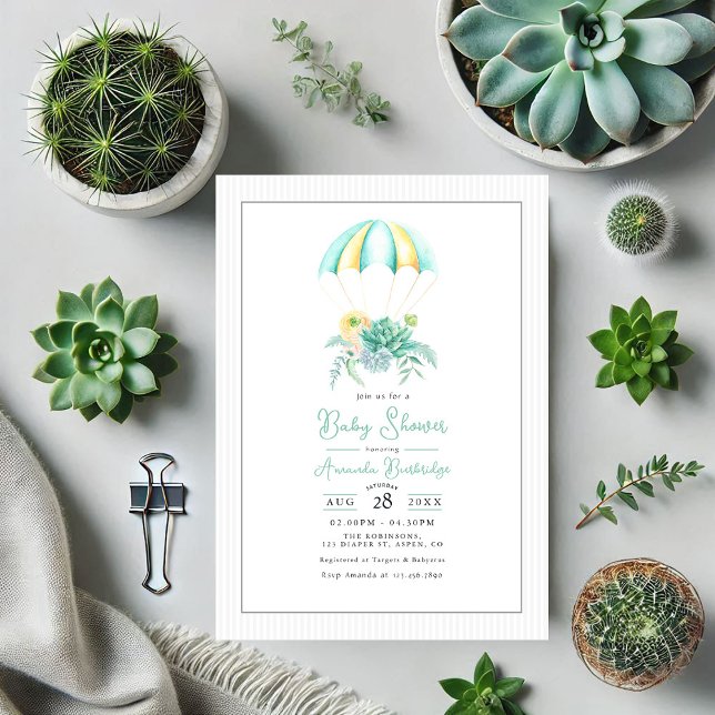 Floral Succulents Bouquet Parachute Baby Shower Invitation (Floral Succulents Bouquet Parachute Baby Shower Invitation)