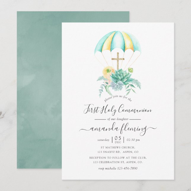 Floral Succulents Bouquet Parachute Holy Communion Invitation (Front/Back)