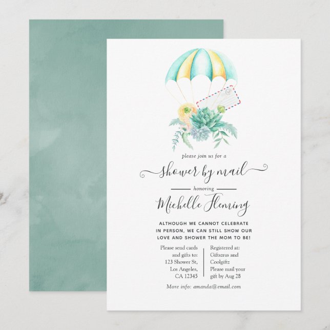 Floral Succulents Parachute Baby Shower by Mail Invitation (Front/Back)