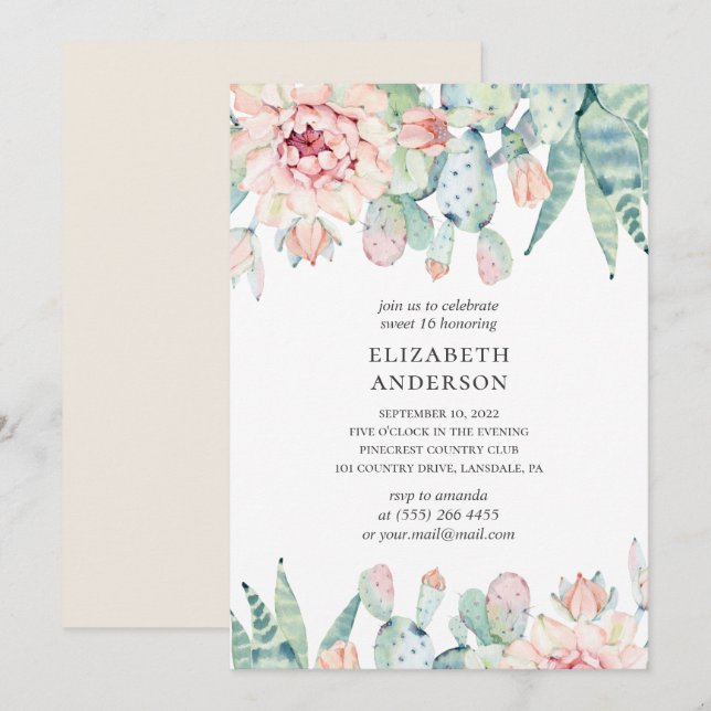 Floral succulents Sweet 16. Cactus 16th birthday Invitation (Front/Back)