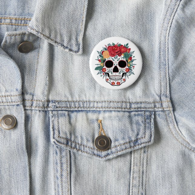 Floral Sugar Skull 6 Cm Round Badge (In Situ)
