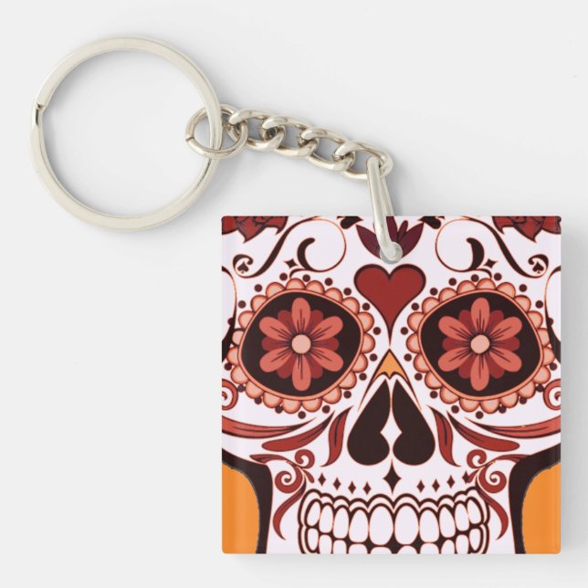Floral Sugar Skull Day of the Dead Art Key Ring (Front)