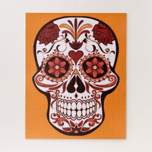 Floral Sugar Skull Day of the Dead Art Orange Jigsaw Puzzle