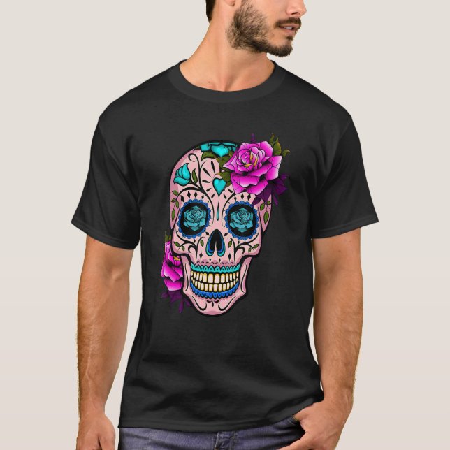 Floral Sugar Skull Day Of The Dead Cool Dia De Los T-Shirt (Front)