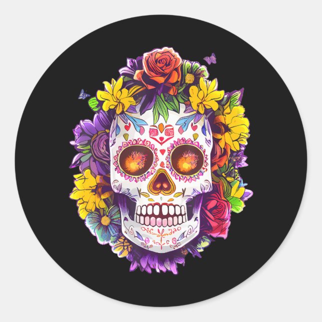 Floral Sugar Skull Day of the Dead Dia De Muertos Classic Round Sticker (Front)