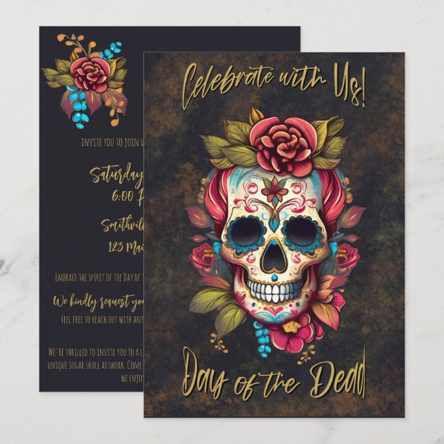 Floral Sugar Skull Day of the Dead English Invitation (Front/Back)