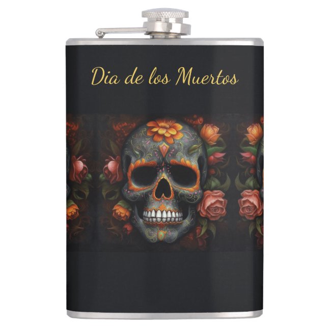 Floral Sugar Skull Dia de los Muertos Calavera Hip Flask (Front)