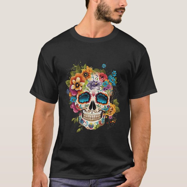 Floral Sugar Skull Dia De Los Muertos Gothic Day O T-Shirt (Front)