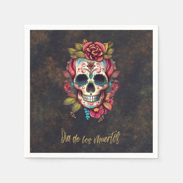 Floral Sugar Skull Dia de los Muertos Party Napkin (Front)