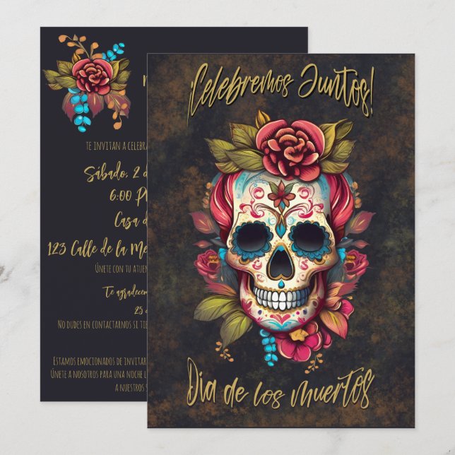 Floral Sugar Skull Día de los Muertos Spanish  Invitation (Front/Back)