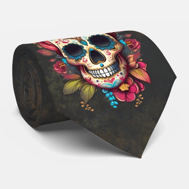 Floral Sugar Skull Día de los Muertos  Tie (Rolled)