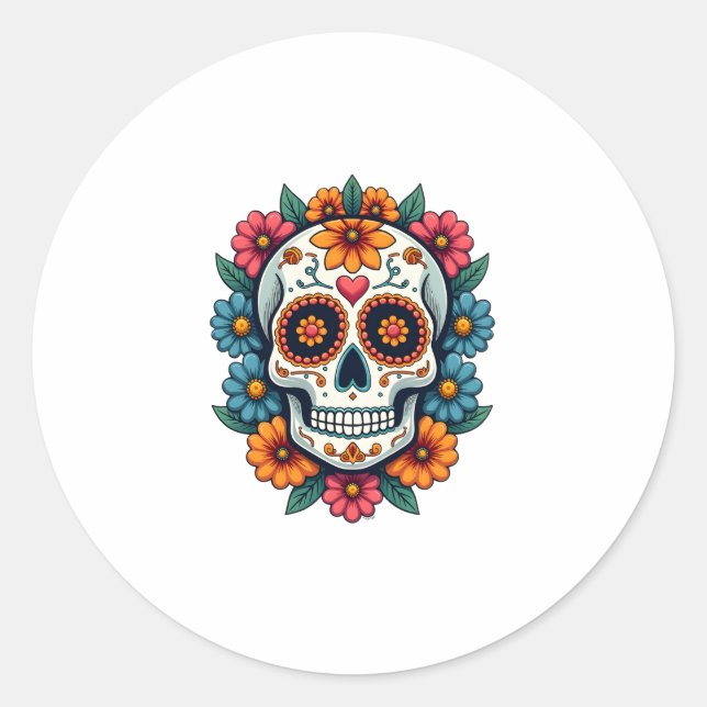 Floral Sugar Skull Dia De Muertos Day of The Dead  Classic Round Sticker (Front)