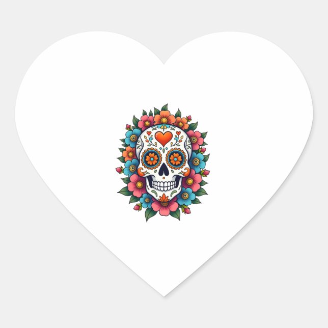 Floral Sugar Skull Dia De Muertos Day of The Dead  Heart Sticker (Front)