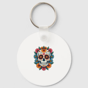 Floral Sugar Skull Dia De Muertos Day of The Dead Key Ring