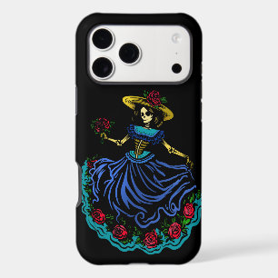 Floral sugar skull la catrina blue skeleton