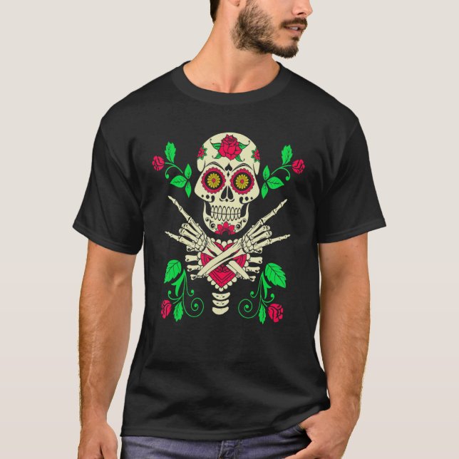 Floral Sugar Skull Mexican Rock & Roll Skeleton Ha T-Shirt (Front)