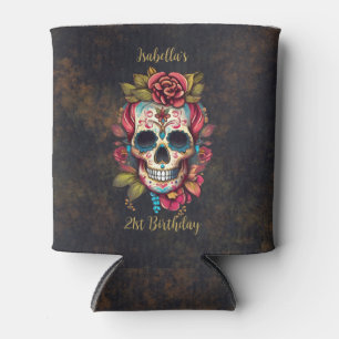 Floral Sugar Skull Milestone Birthday Can Cooler