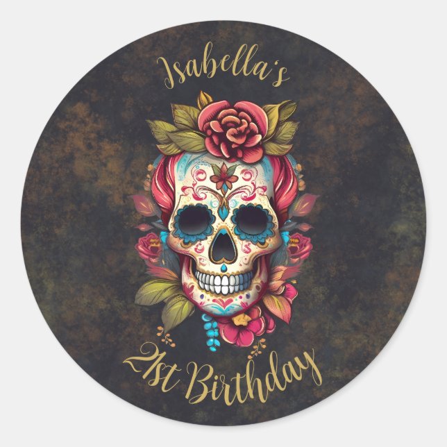 Floral Sugar Skull Milestone Birthday  Classic Round Sticker (Front)