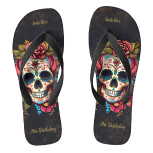 Floral Sugar Skull Milestone Birthday Flip Flops