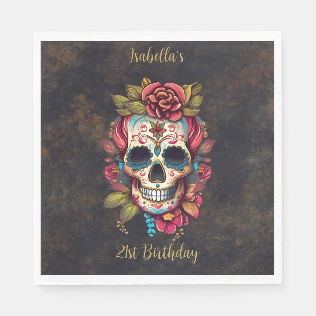 Floral Sugar Skull Milestone Birthday Napkin (Front)