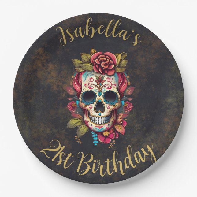 Floral Sugar Skull Milestone Birthday Paper Plate (Front)