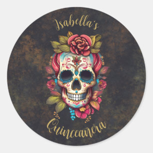 Floral Sugar Skull Quinceanera Birthday  Classic Round Sticker