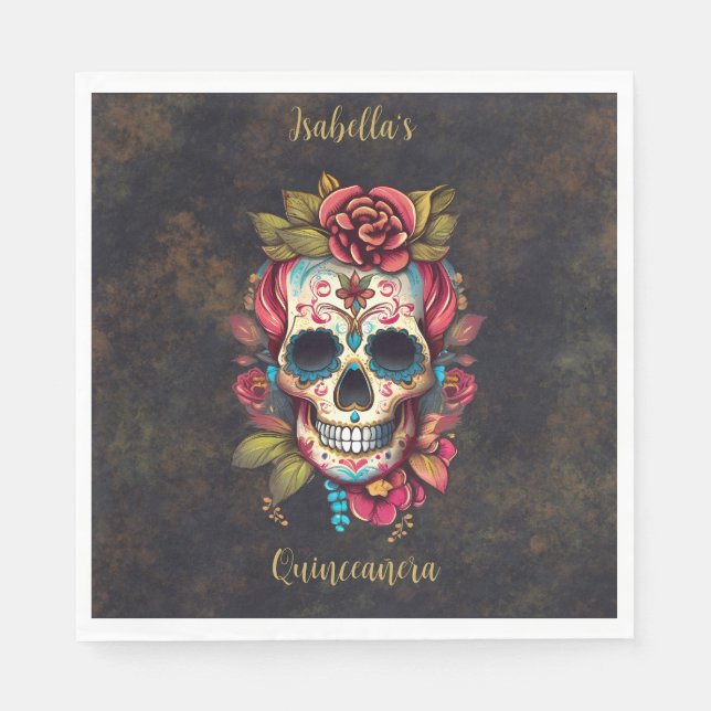Floral Sugar Skull Quinceanera Birthday English  Napkin (Front)
