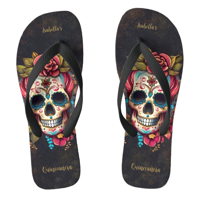 Floral Sugar Skull Quinceanera Birthday Flip Flops (Footbed)