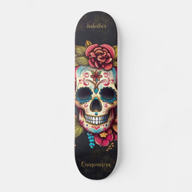 Floral Sugar Skull Quinceanera Birthday Skateboard (Front)