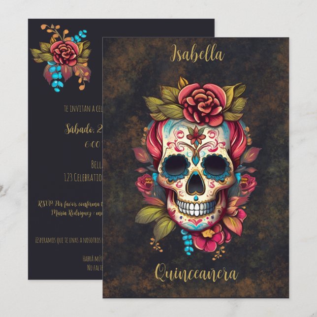 Floral Sugar Skull Quinceanera Birthday Spanish Invitation (Front/Back)