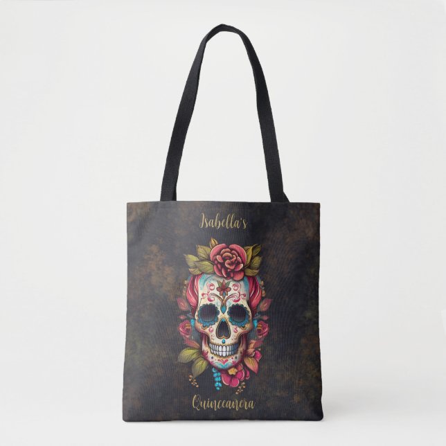 Floral Sugar Skull Quinceanera Birthday Tote Bag (Front)
