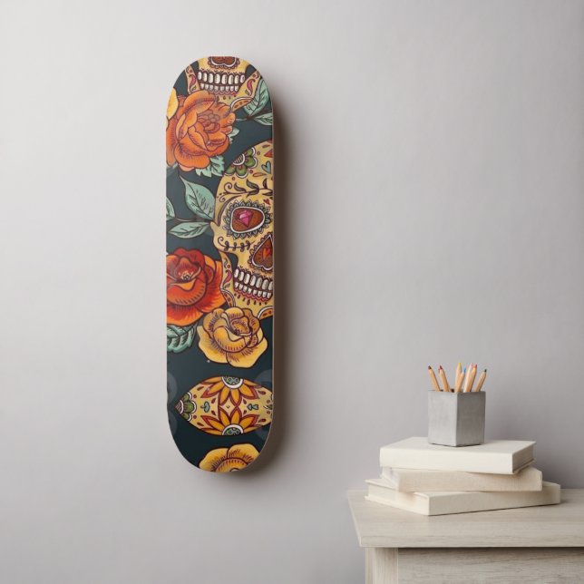 Floral Sugar Skull Shirt, Day of the Dead Skateboard (Wall Art)
