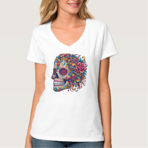 Floral Sugar Skull Side Profile Mexican Art T-Shirt