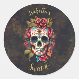 Floral Sugar Skull Sweet 16 Birthday  Classic Round Sticker