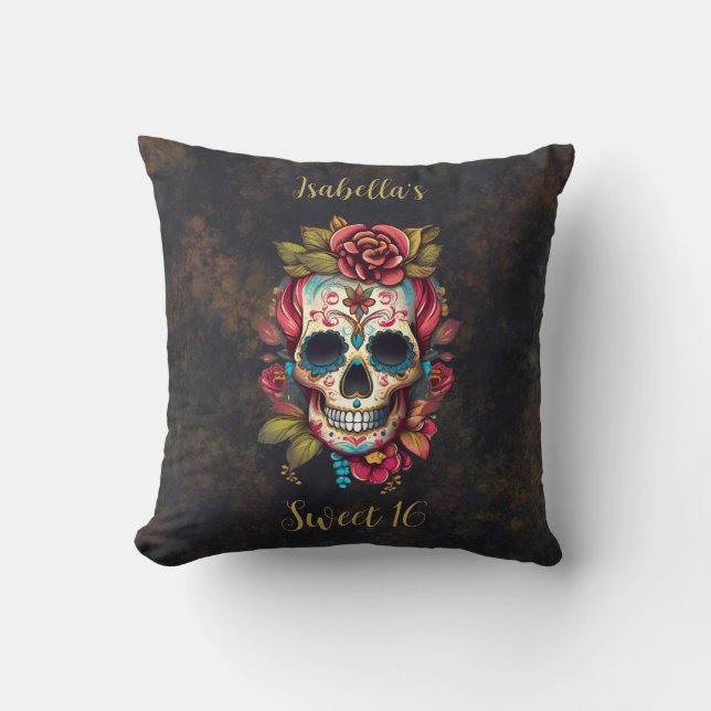 Floral Sugar Skull Sweet 16 Birthday Cushion (Front)