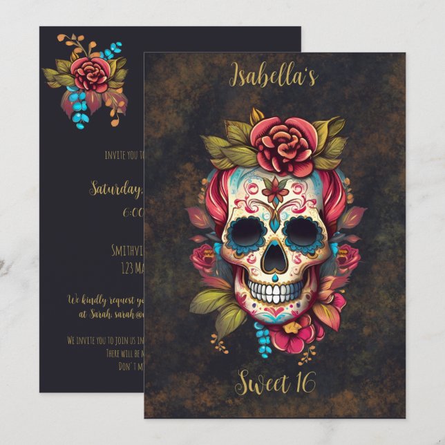 Floral Sugar Skull Sweet 16 Birthday Invitation (Front/Back)